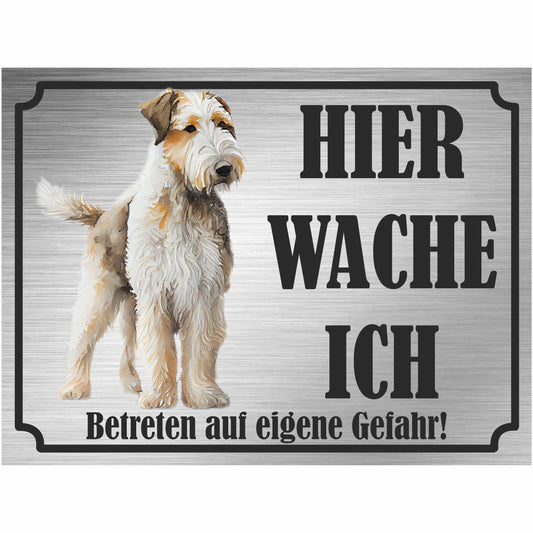Airedale Terrier - Schild bedruckt - Hier wache ich - Aluverbundplatte Edelstahl Look