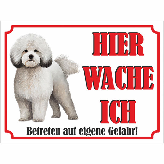Bichon Frisé - Schild bedruckt - Hier wache ich - Aluverbundplatte Edelstahl Look