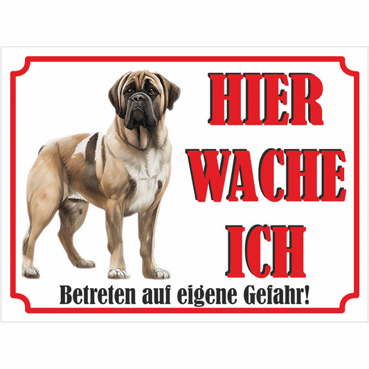 Bullmastiff - Schild bedruckt - Hier wache ich - Aluverbundplatte Edelstahl Look