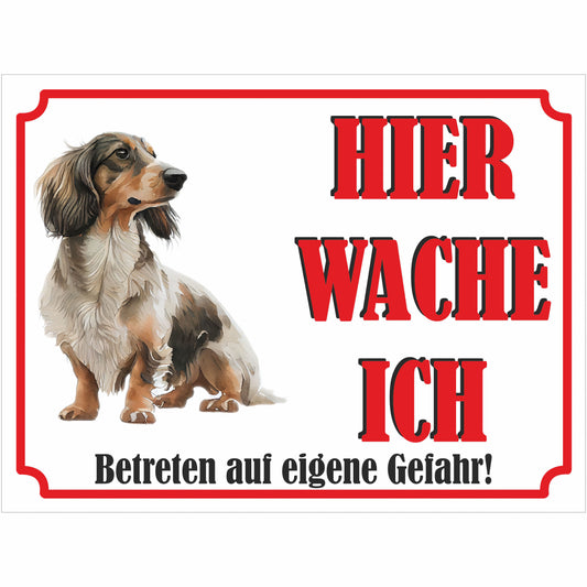 Dackel - Schild bedruckt - Hier wache ich - Aluverbundplatte Edelstahl Look