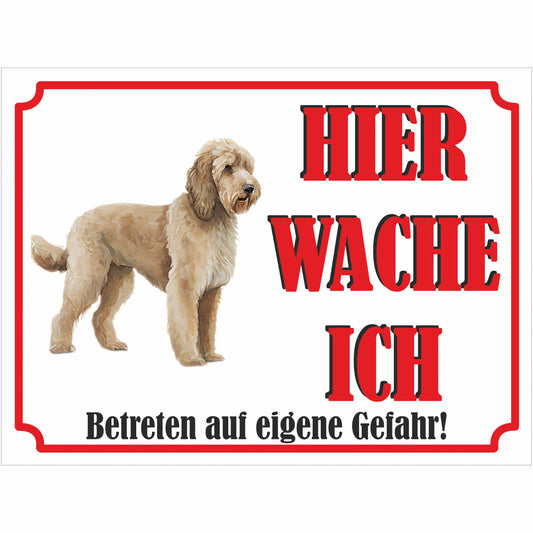 Goldendoodle - Schild bedruckt - Hier wache ich - Aluverbundplatte Edelstahl Look