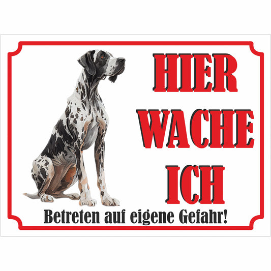 Deutsche Dogge - Schild bedruckt - Hier wache ich - Aluverbundplatte Edelstahl Look