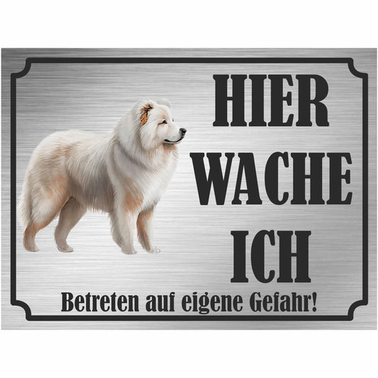 Samoyed Windhund - Schild bedruckt - Hier wache ich - Aluverbundplatte Edelstahl Look