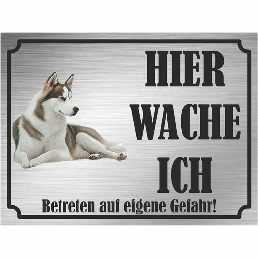 Sibirischer Husky - Schild bedruckt - Hier wache ich - Aluverbundplatte Edelstahl Look