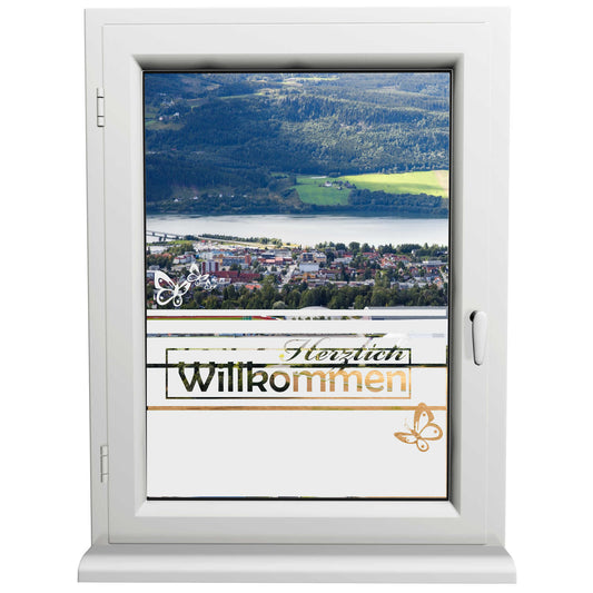 Glasdekorfolie - Herzlich Willkommen - Sonnenschutz H50Line - Sichtschutzfolie