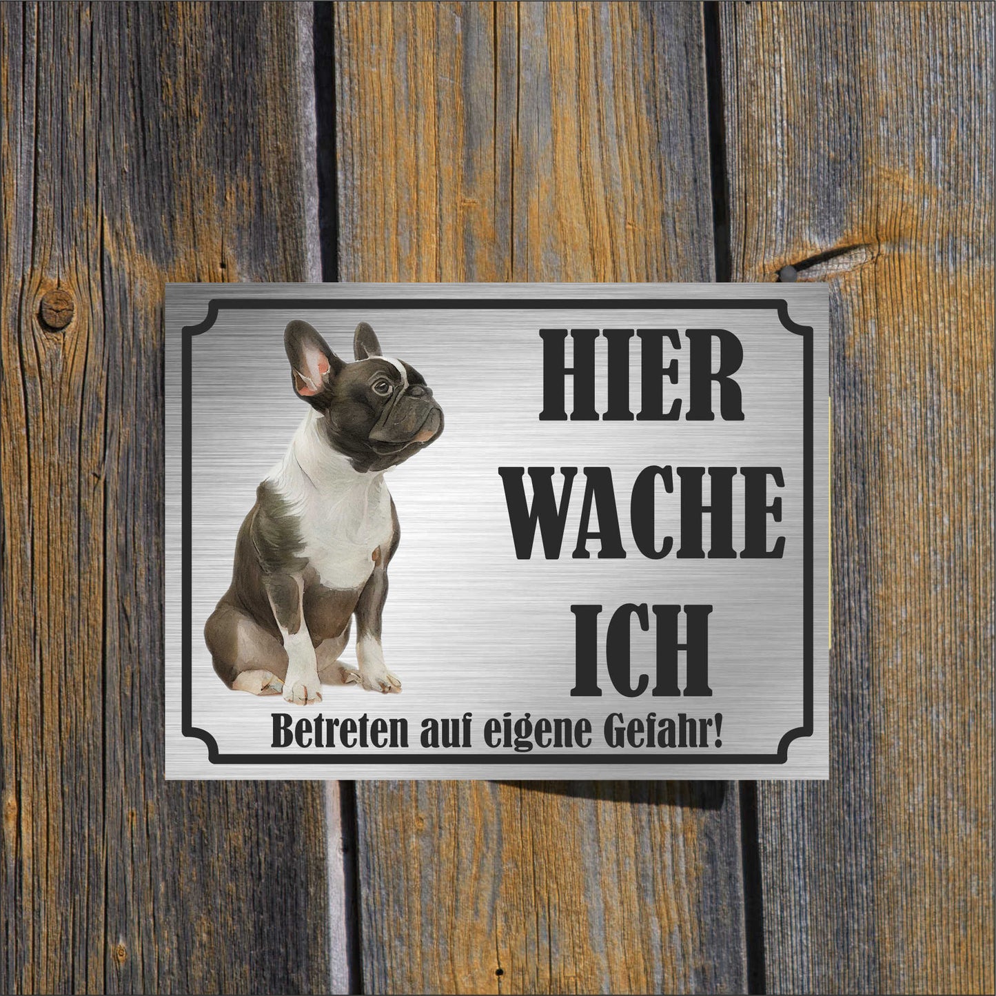Französische Bulldogge - Schild bedruckt - Hier wache ich - Aluverbundplatte Edelstahl Look