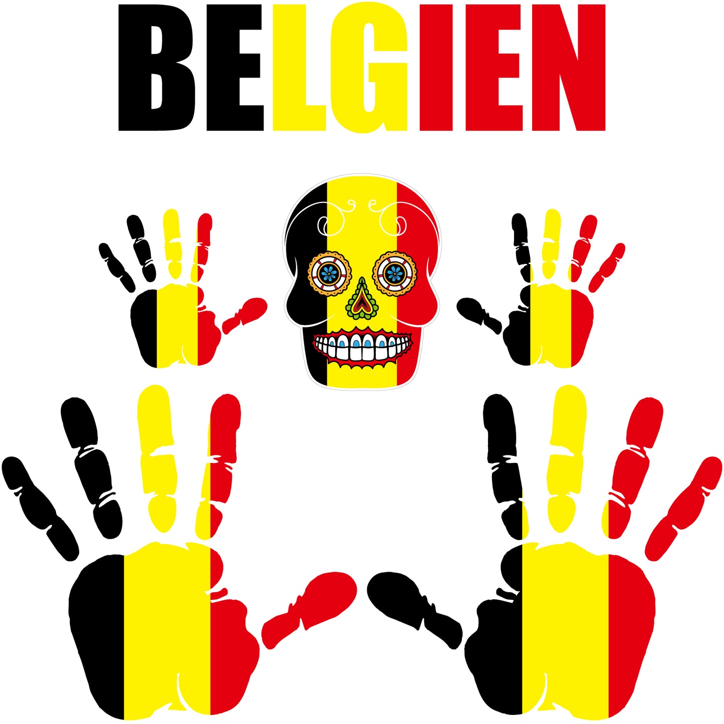 Aufkleber - Belgien - Fahne - Set - Skull - Hand - Schriftzug - 6-teilig