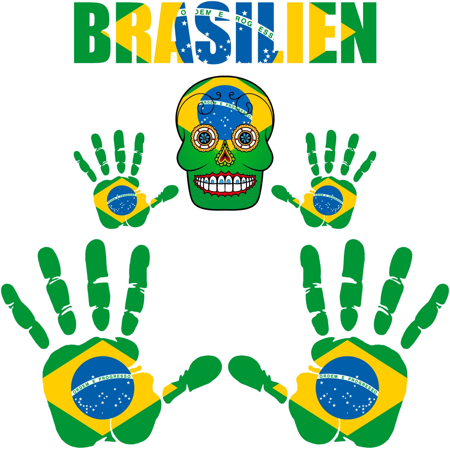Aufkleber - Brasilien - Fahne - Set - Skull - Hand - Schriftzug - 6-teilig