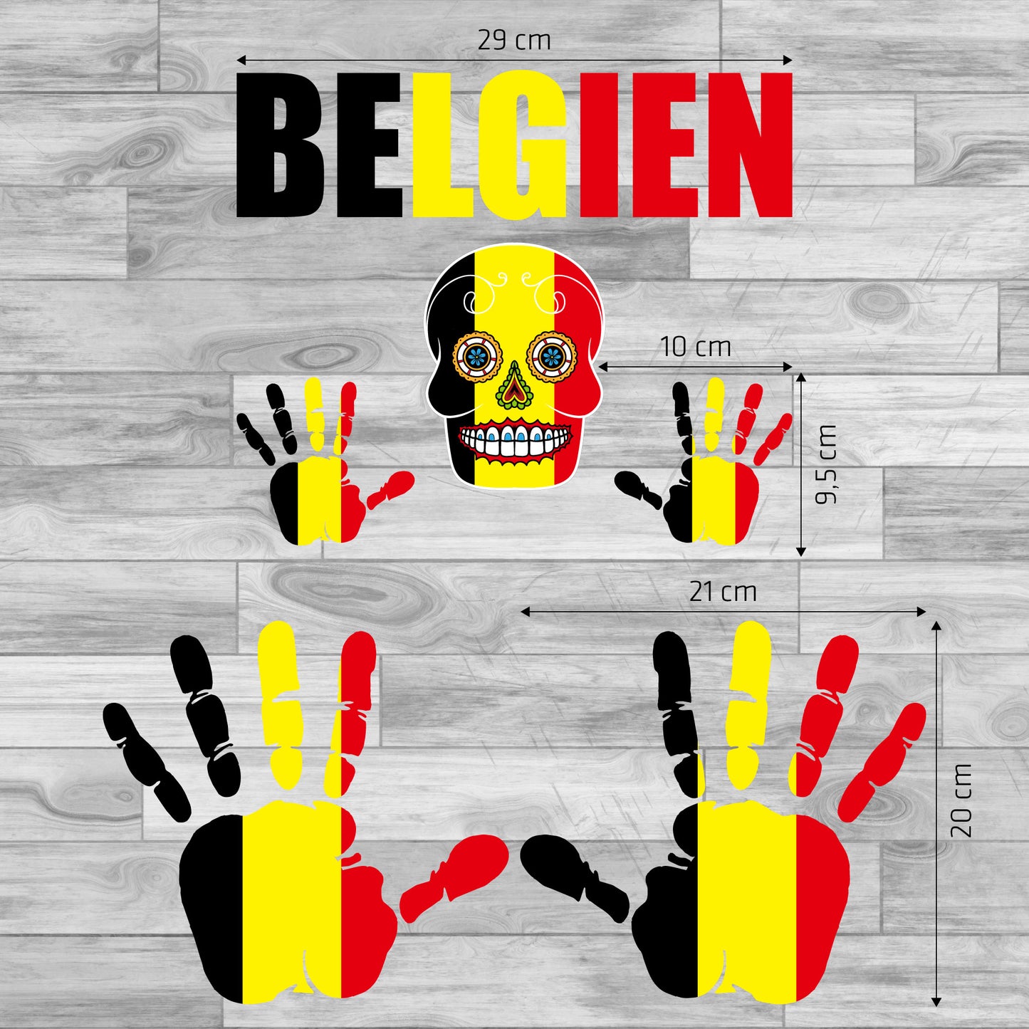 Aufkleber - Belgien - Fahne - Set - Skull - Hand - Schriftzug - 6-teilig