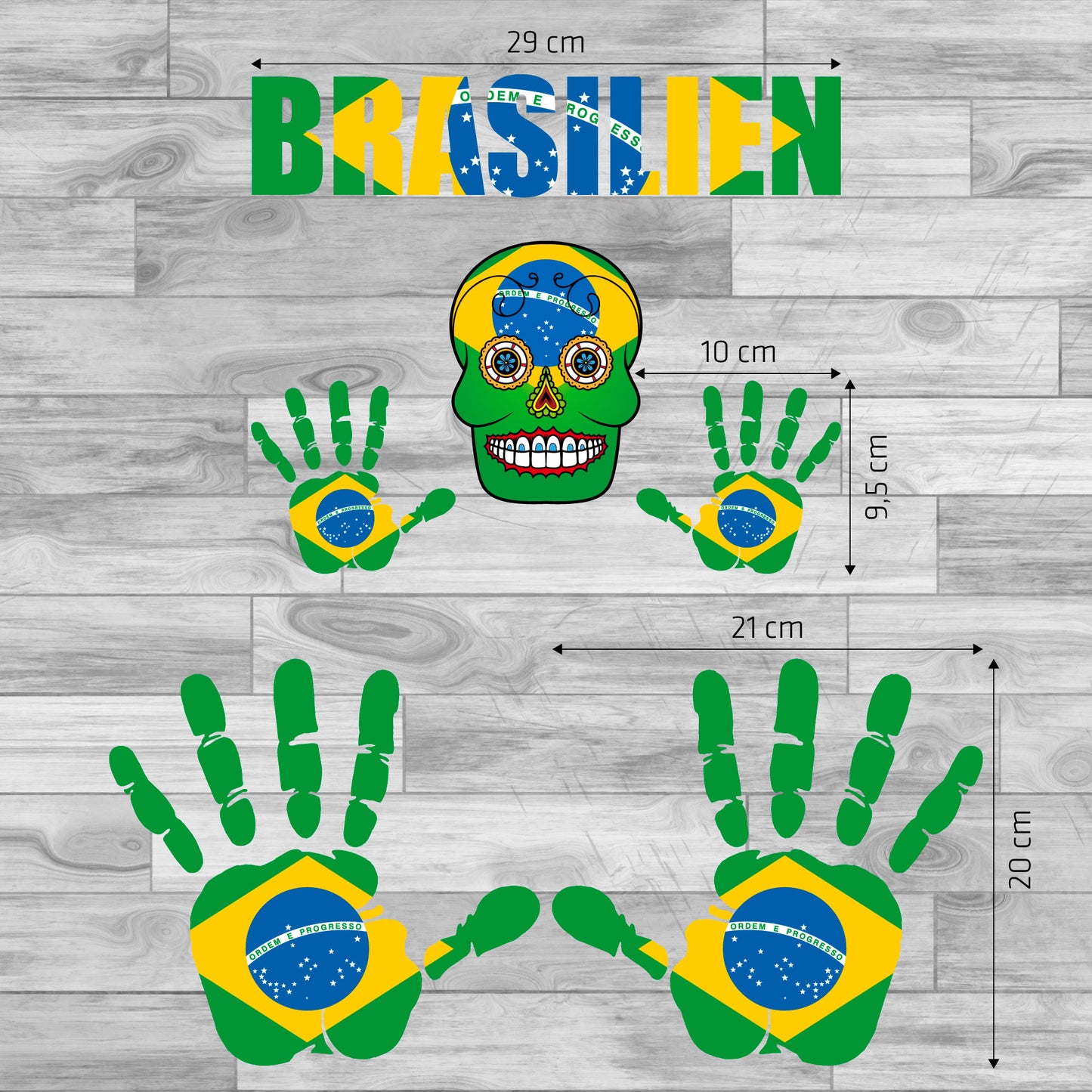 Aufkleber - Brasilien - Fahne - Set - Skull - Hand - Schriftzug - 6-teilig