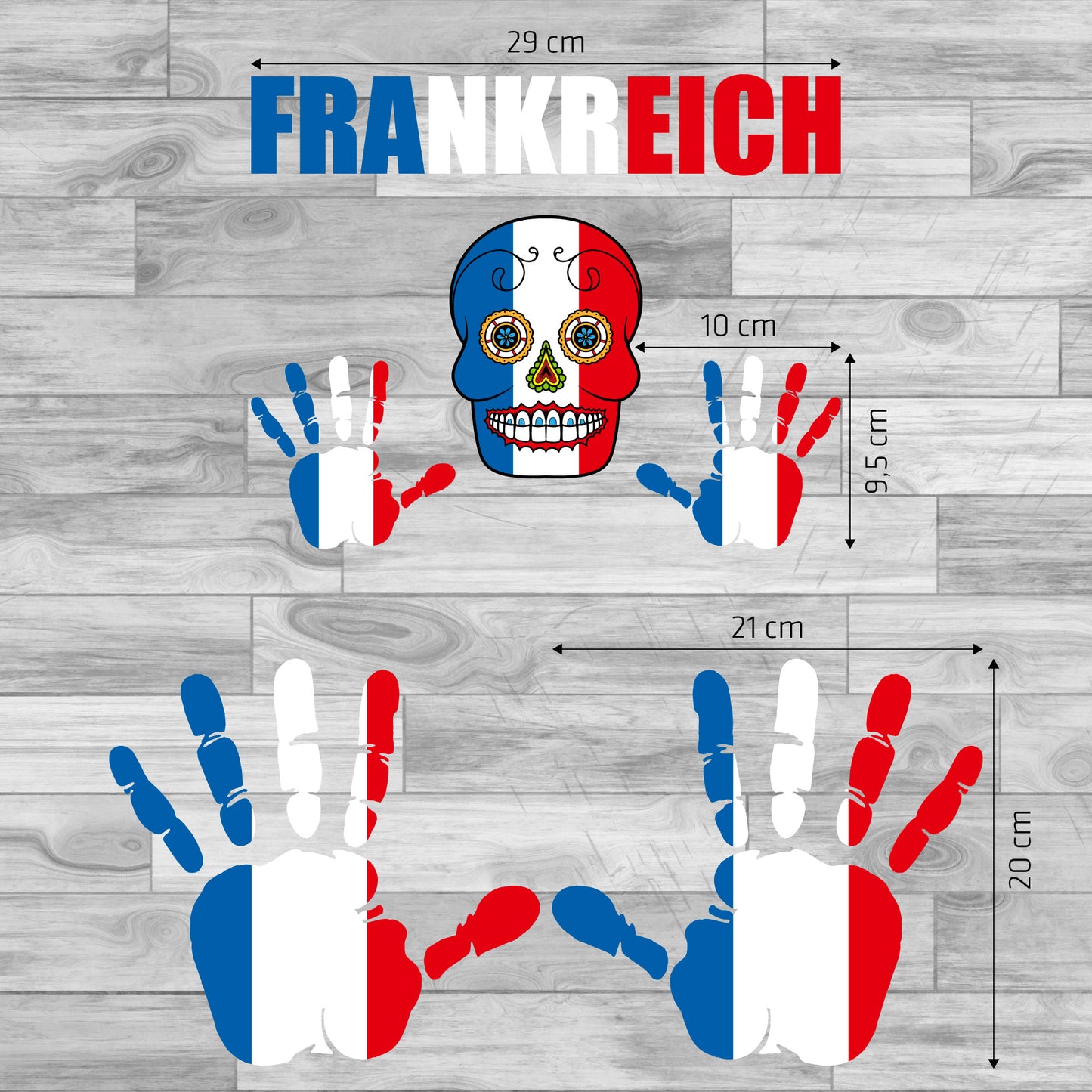 Aufkleber - Frankreich - Fahne - Set - Skull - Hand - Schriftzug - 6-teilig
