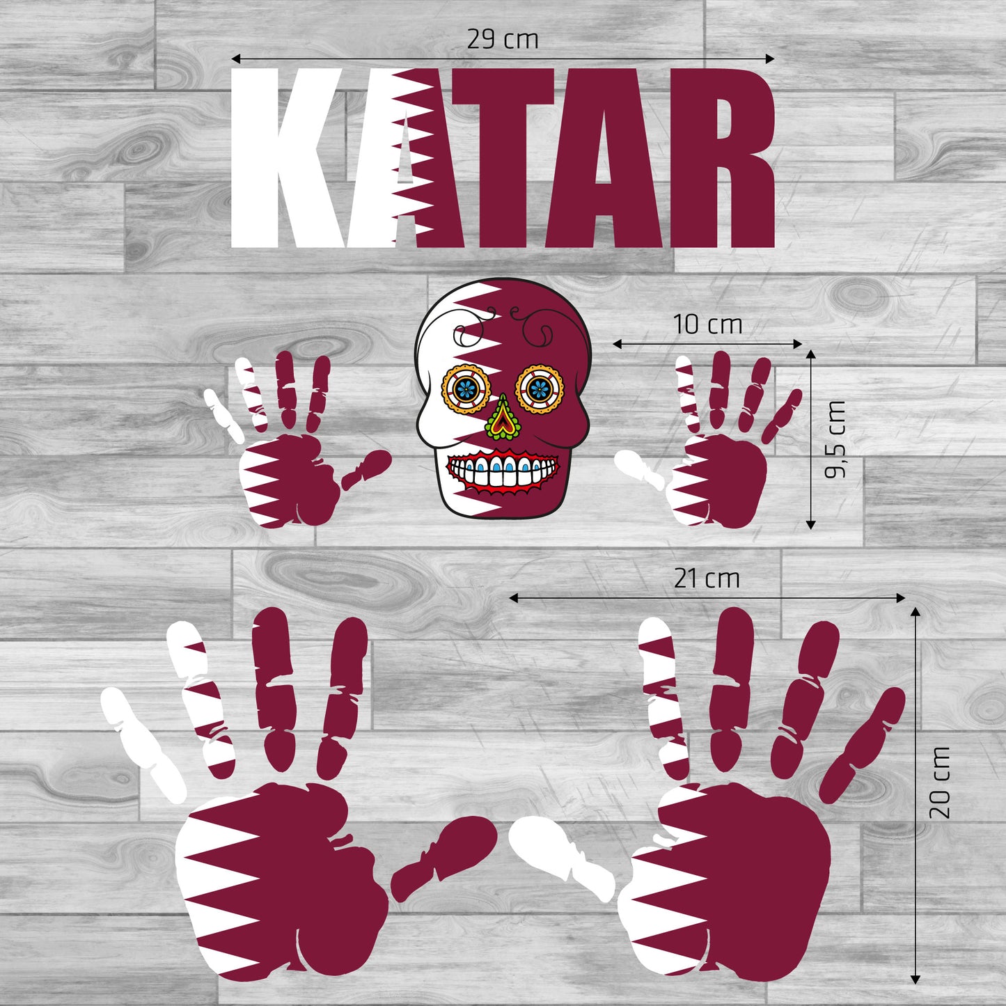 Aufkleber - Katar - Fahne - Set - Skull - Hand - Schriftzug - 6-teilig
