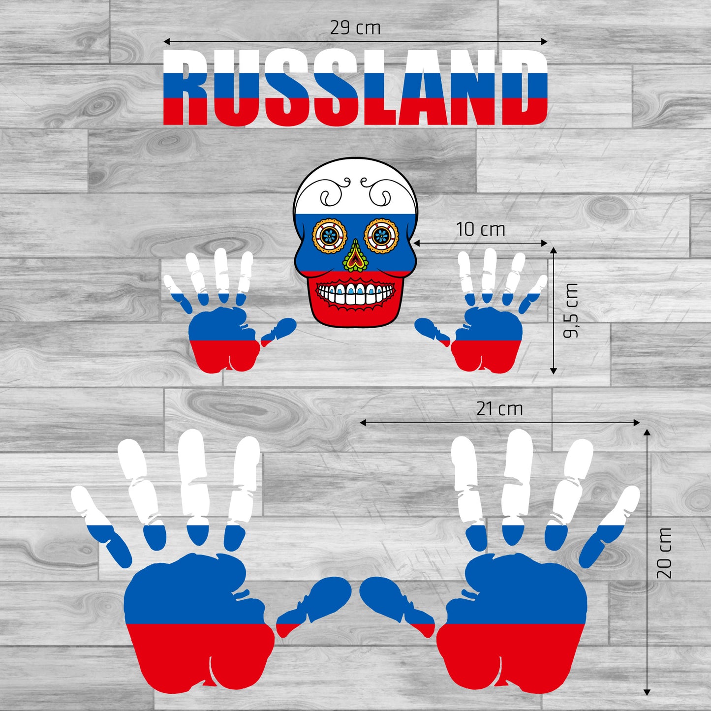 Aufkleber - Russland - Fahne - Set - Skull - Hand - Schriftzug - 6-teilig