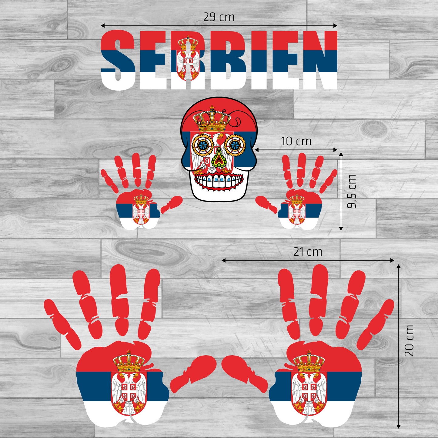 Aufkleber - Serbien - Fahne - Set - Skull - Hand - Schriftzug - 6-teilig