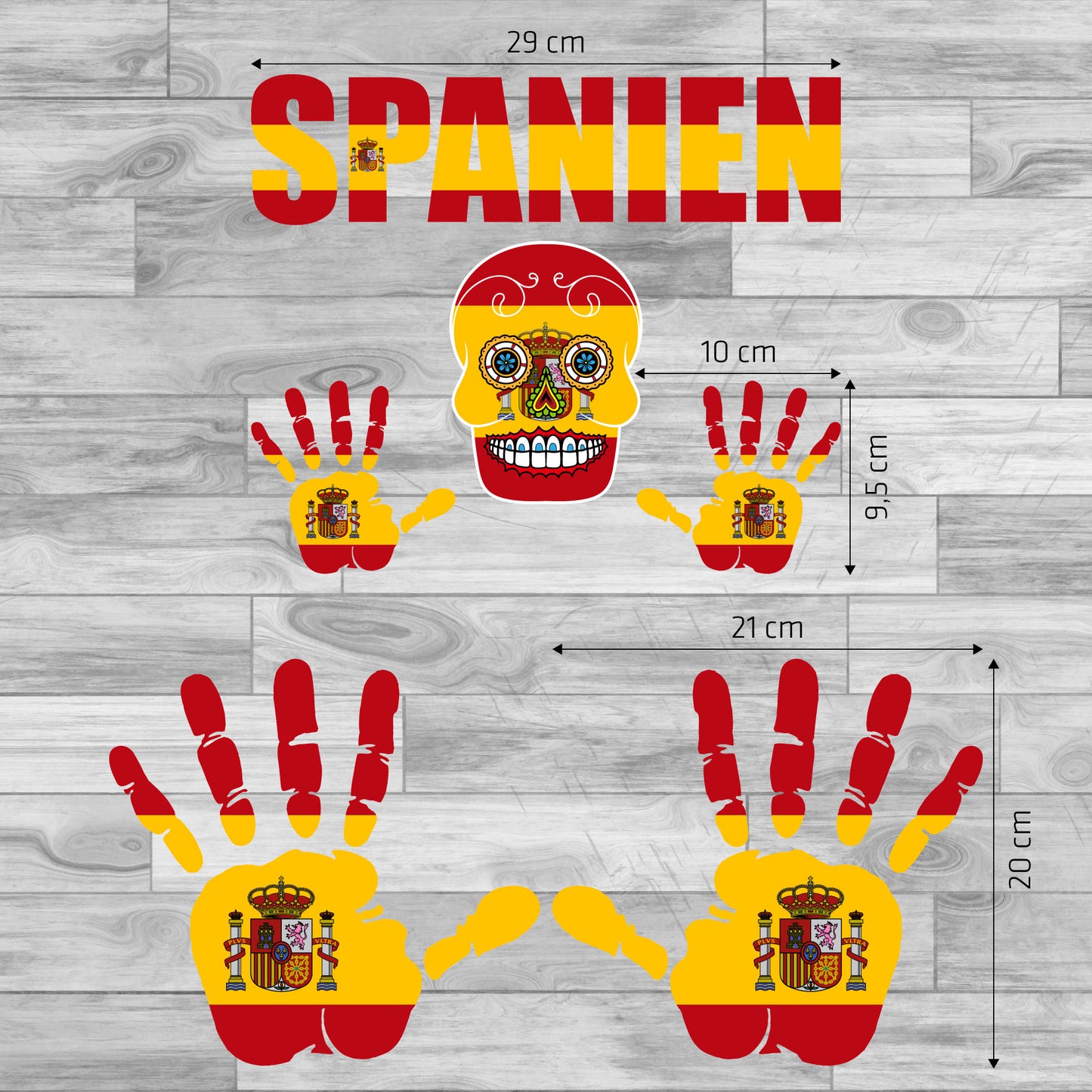 Aufkleber - Spanien - Fahne - Set - Skull - Hand - Schriftzug - 6-teilig