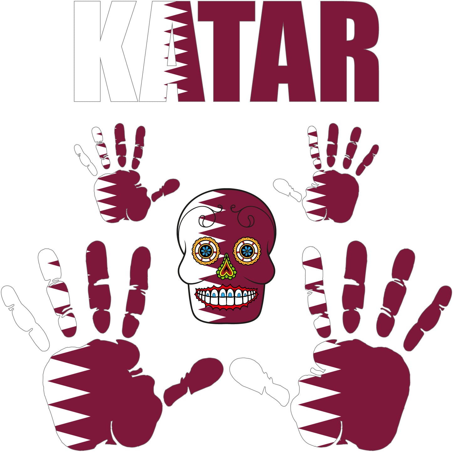 Aufkleber - Katar - Fahne - Set - Skull - Hand - Schriftzug - 6-teilig