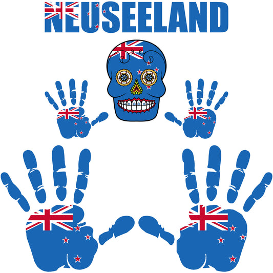 Aufkleber - Neuseeland - Fahne - Set - Skull - Hand - Schriftzug - 6-teilig