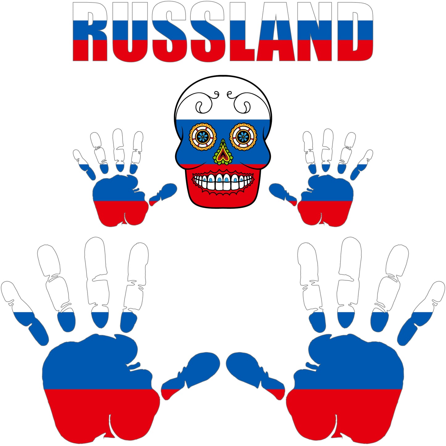 Aufkleber - Russland - Fahne - Set - Skull - Hand - Schriftzug - 6-teilig