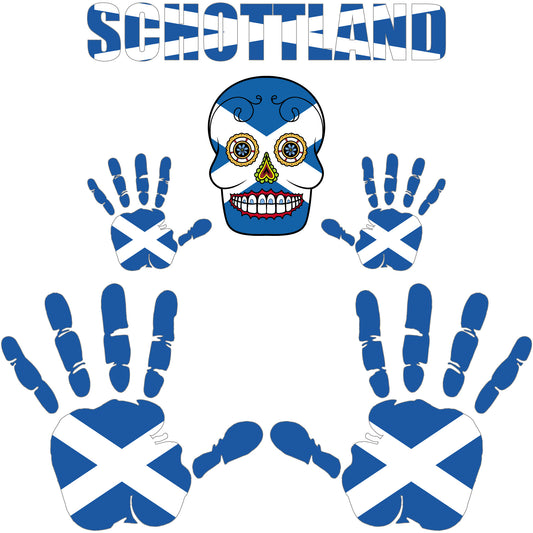 Aufkleber - Schottland - Fahne - Set - Skull - Hand - Schriftzug - 6-teilig