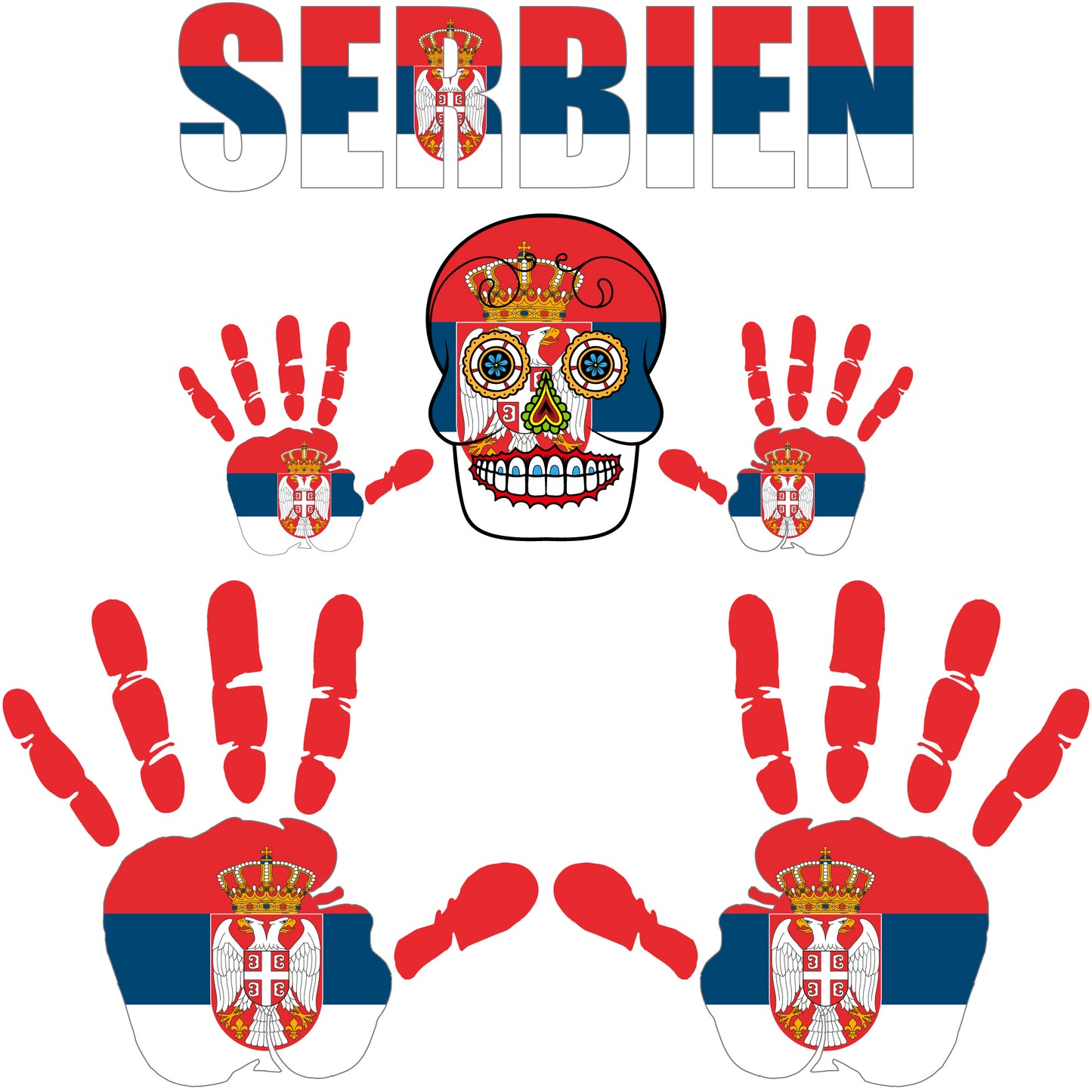 Aufkleber - Serbien - Fahne - Set - Skull - Hand - Schriftzug - 6-teilig