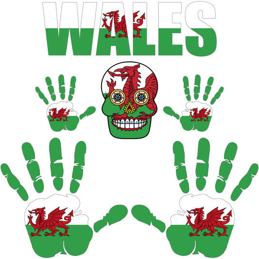 Aufkleber - Wales - Fahne - Set - Skull - Hand - Schriftzug - 6-teilig
